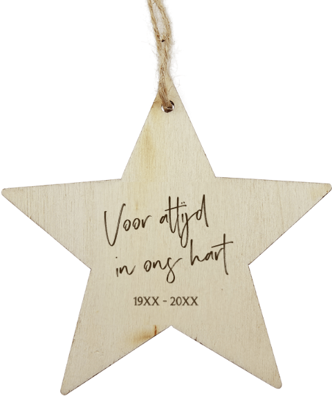 Kersthanger hout ster voor altijd in ons hart typografisch