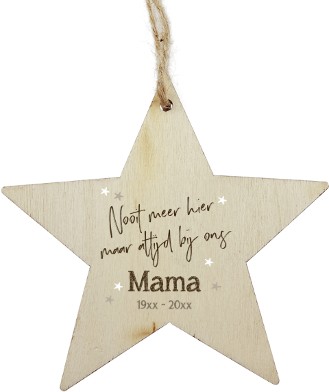 Houten kersthanger ster mama nooit meer hier altijd bij ons