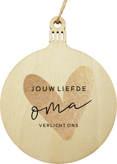 Kerstbal houten hanger met gouden hart en het woord oma