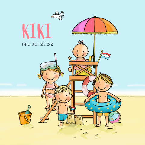 Geboortekaartje meisje strand uitkijk stoel zus broertjes