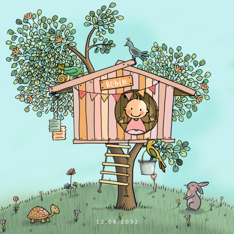 geboortekaartjes meisje boomhut met vogels