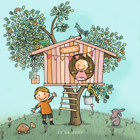 Geboortekaartjes meisje met broer boomhut met vogels