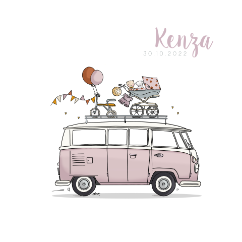 Geboortekaartje vw busje roze Linda