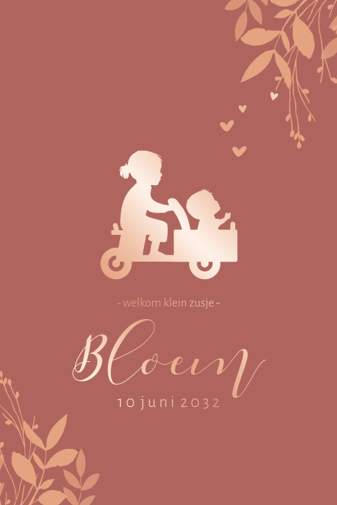 geboortekaart meisje bakfiets met zusje goudfolie