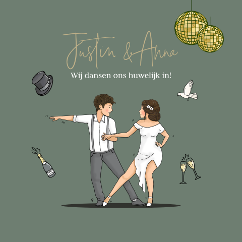 Trouwkaart dansend trouwstel met champagne fles