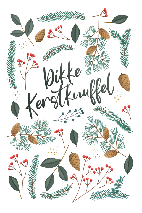 Kerstkaart dennentakjes met rode balletjes