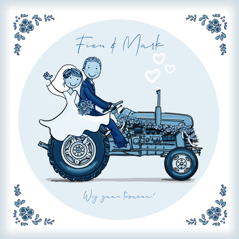 Trouwkaart delftsblauw tractor met bruidspaar