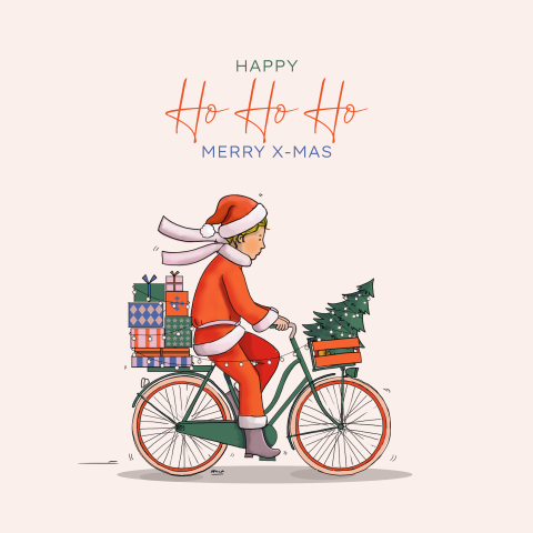 Kerstkaart kerstvrouw op fiets met kerstboom
