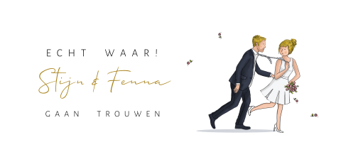 Trouwkaart bruidspaar stropdas trekken