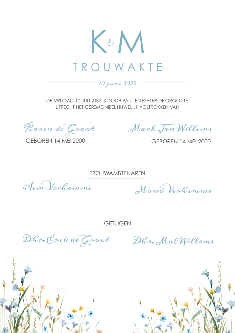 Trouwakte bruiloft blauw met veldbloemen