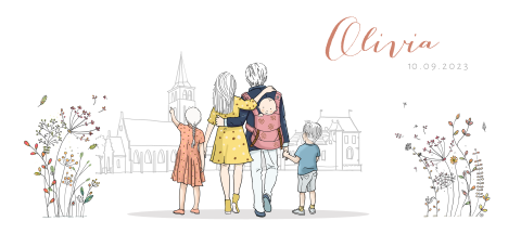 geboortekaartje ouders met baby meisje rugzak dorp
