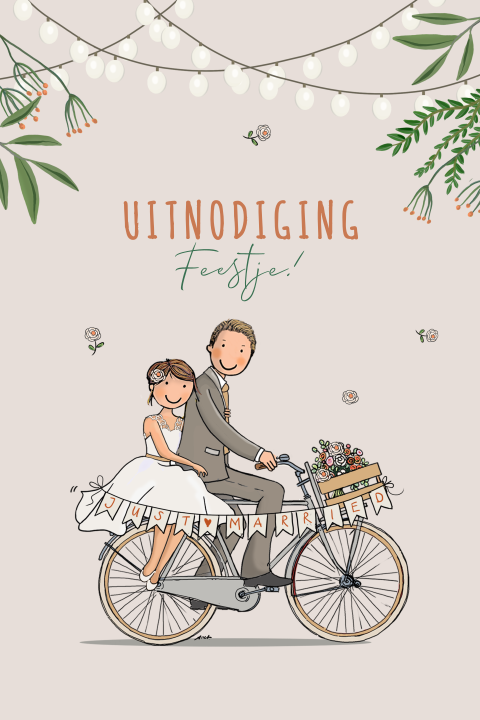 Uitnodiging na huwelijk feestje op fiets bruidspaar