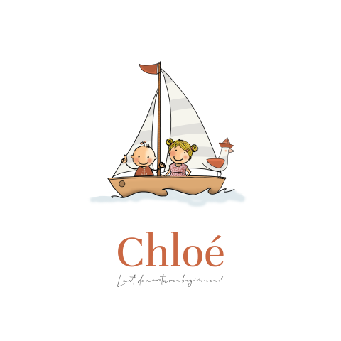 Geboortekaartje meisje in bootje met zusje en meeuw