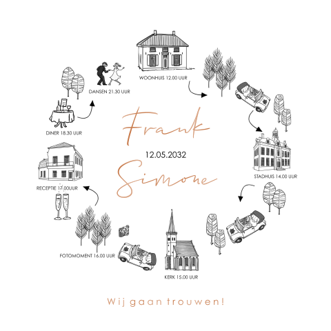 Trouwkaart ronde tijdlijn met illustraties