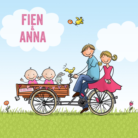 Geboortekaartje bakfiets groot met tweeling meisjes