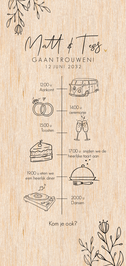 Staande trouwkaart tijdlijn staand met illustraties hout