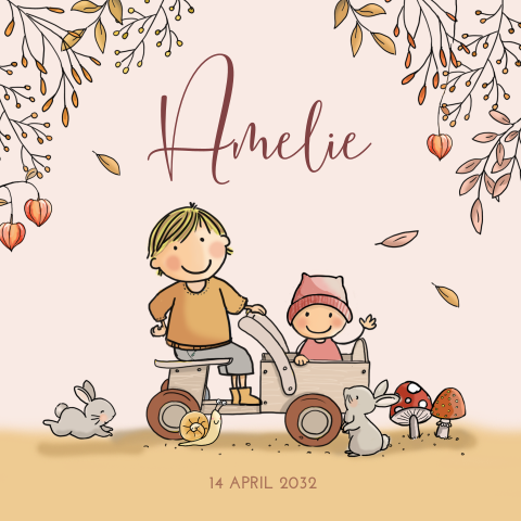 Geboortekaartje herfst meisje houten kar broer
