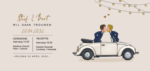 Trouwkaart enkel bruidspaar mannen same sex kever wit