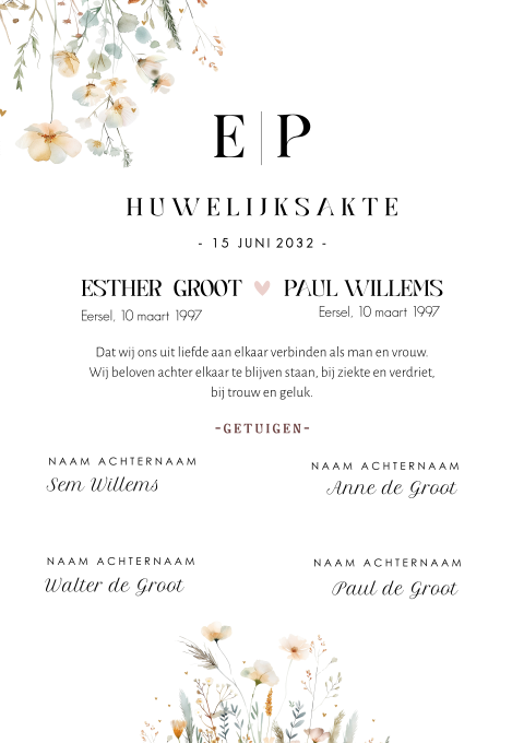 Huwelijksakte zachte veldbloemen met tekst