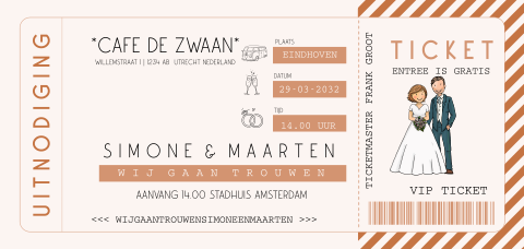 Uitnodiging trouwticket koperfolie met teksten en bruidspaar