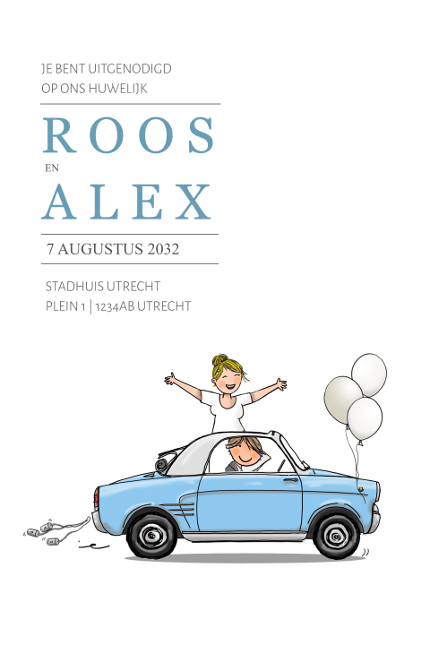 Trouwkaart bruidspaar autobianchi bianchina blauw