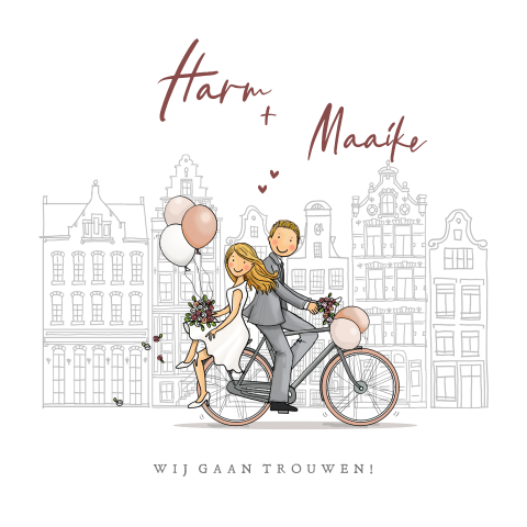 Trouwkaart bruidspaar fiets blond met ballonnen