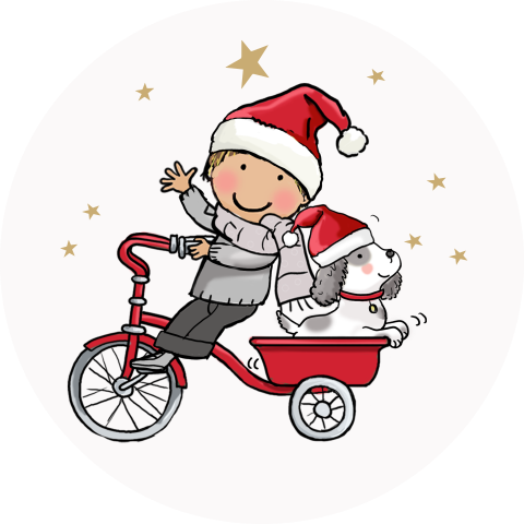 Sluitzegel kerstkindje op fiets met hondje