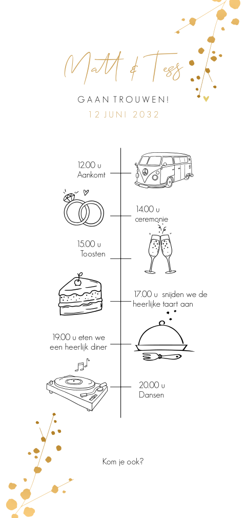 Staande trouwkaart tijdlijn staand met illustraties goudlook bollen