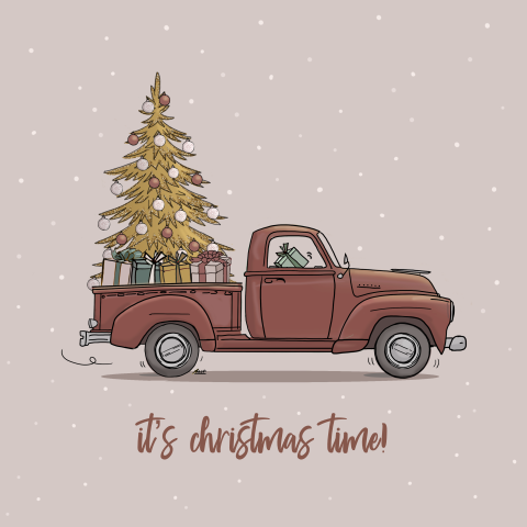 Kerstkaart Pickup auto met kerstboom