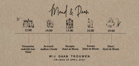 Trouwkaart kraft tijdlijn met illustraties