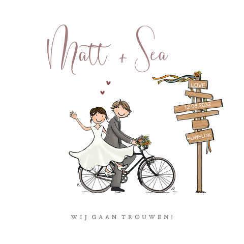 Trouwkaart bruidspaar vintage fiets met ballonnen