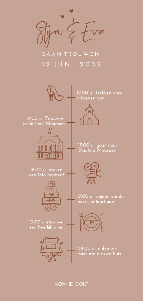 Trouwkaart tijdlijn illustraties hippe kleuren