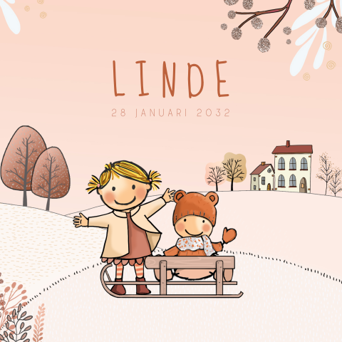 Geboortekaartje meisje winter zusje met slee