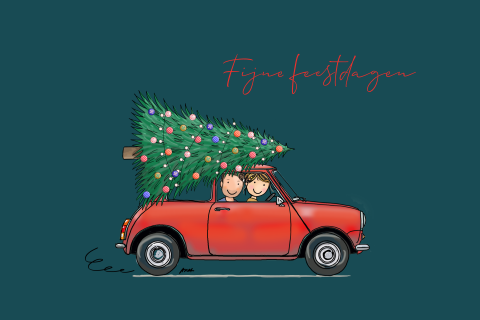Kerstkaart Mini rood en kerstboom