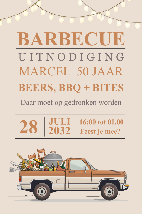 Uitnodiging BBQ met pickup en lampjes dubbel