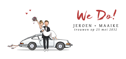 Trouwkaart auto porsche 911 wit bruidspaar
