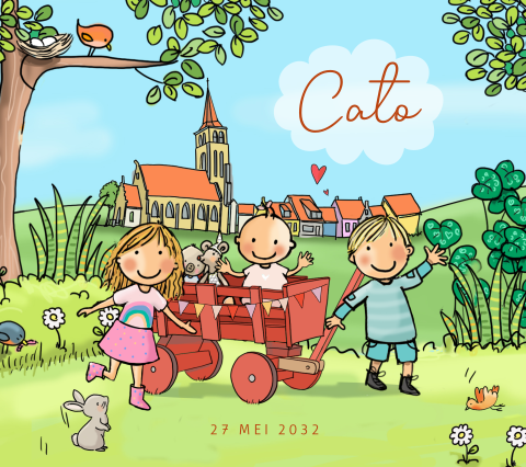 Geboortekaartje meisje rode bolderkar met knuffels en broertje en zus