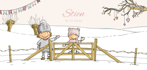 Geboortekaartje meisje winter met zusje en hekje