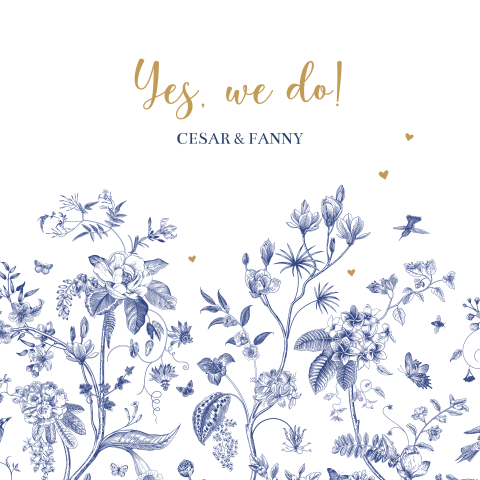 Trouwkaart delftsblauw met vogels en bloemen