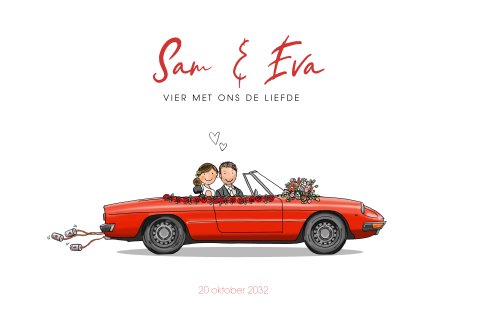 Trouwkaart auto alfa spider rood met bruidspaar