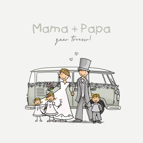 Trouwkaart bruidspaar grijsgroen papa en mama vwbus