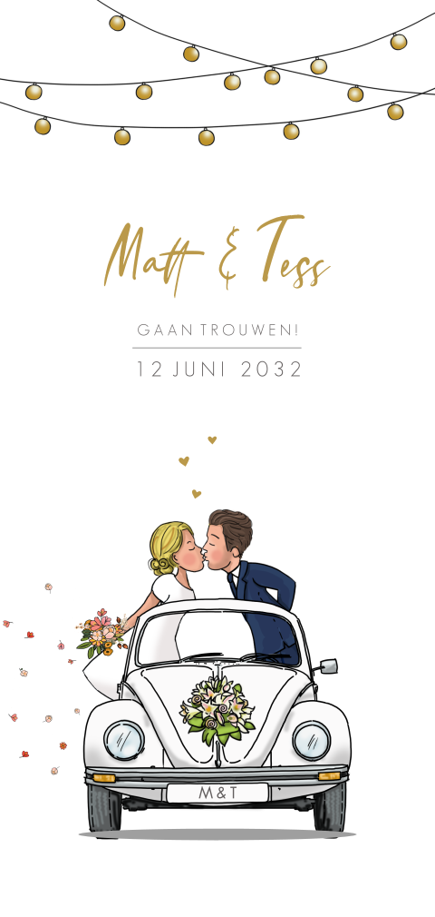 Trouwkaart zoenend bruidspaar met vw kever wit