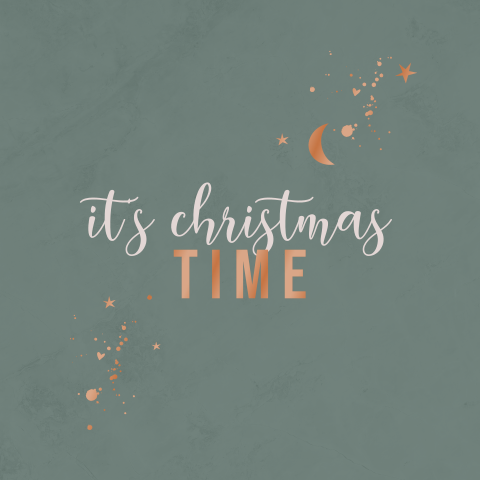 Kerstkaart warm groen met koperfolie tekst