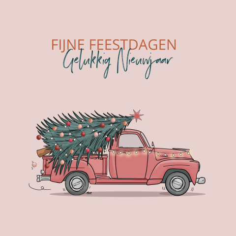 Kerstkaart Amerikaanse pickup met kerstboom