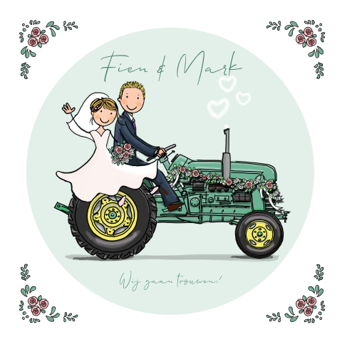 Trouwkaart groen tractor met bruidspaar