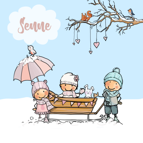 Geboortekaartje winter meisje houten slee broer en zusje