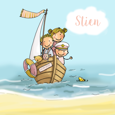 geboortekaartje meisje met zus broer bootje zee