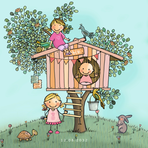 geboortekaartjes meisje met zusjes boomhut met vogels