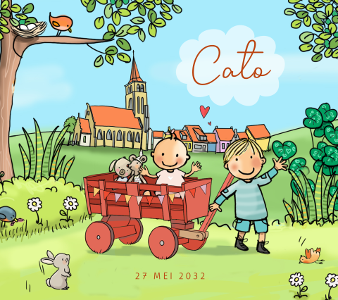Geboortekaartje meisje rode bolderkar met knuffels en broertje