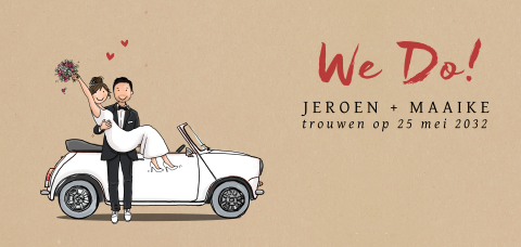Trouwkaart auto mini wit bruidspaar kraftlook